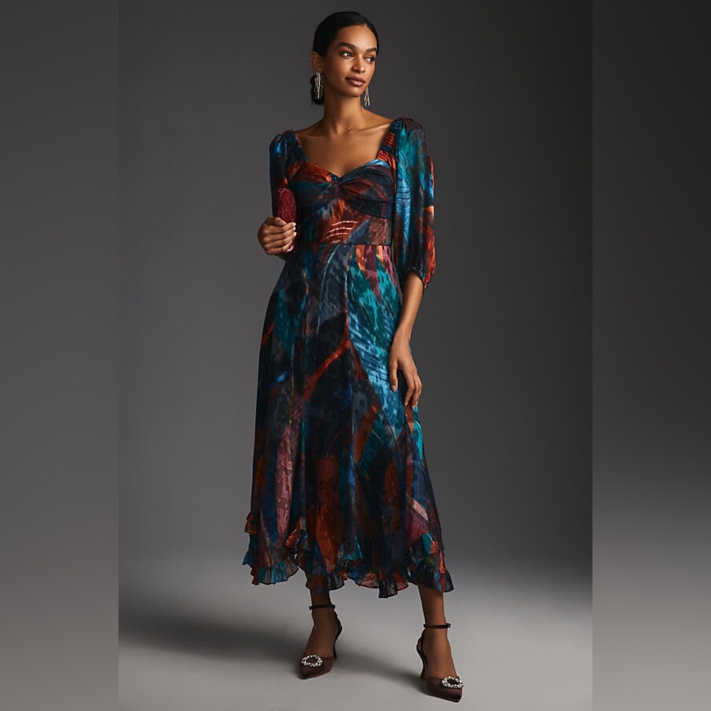 Hutch Printed Twist-Front Puff-Sleeve Ruffle-Hem Dress in Blue Motif